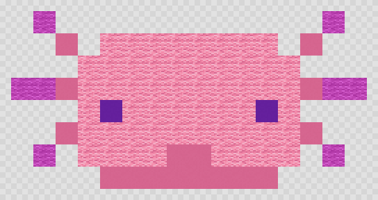 Axolotl Minecraft pixel art, 16 by 8 blocks